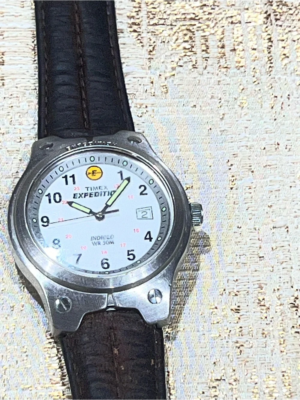 Timex Expedition Indiglo Quartz Watch Date WR50m White Dial Black Leather 34mm